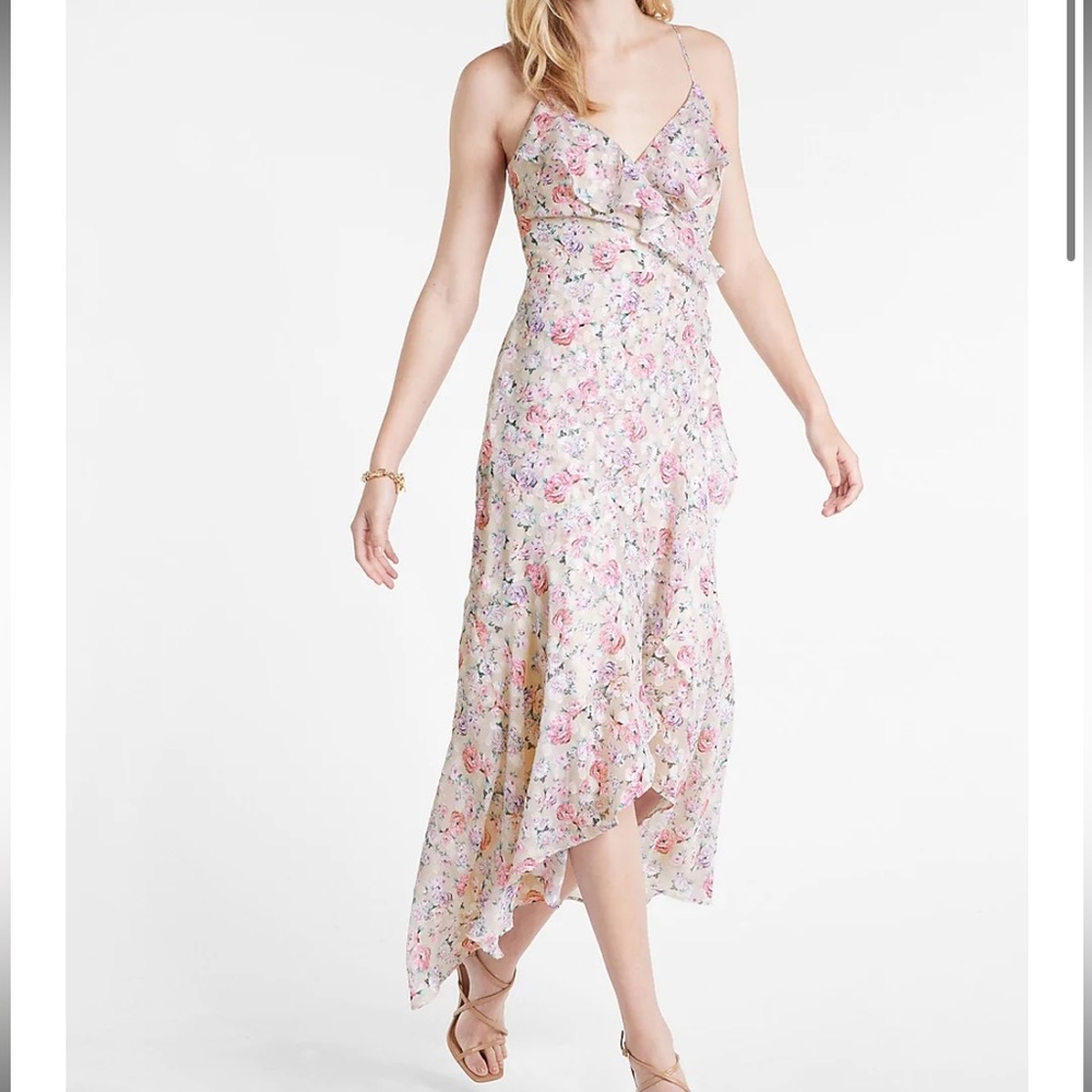 NWT Express Floral Print Ruffle Faux Wrap Hi-Lo Maxi Dress